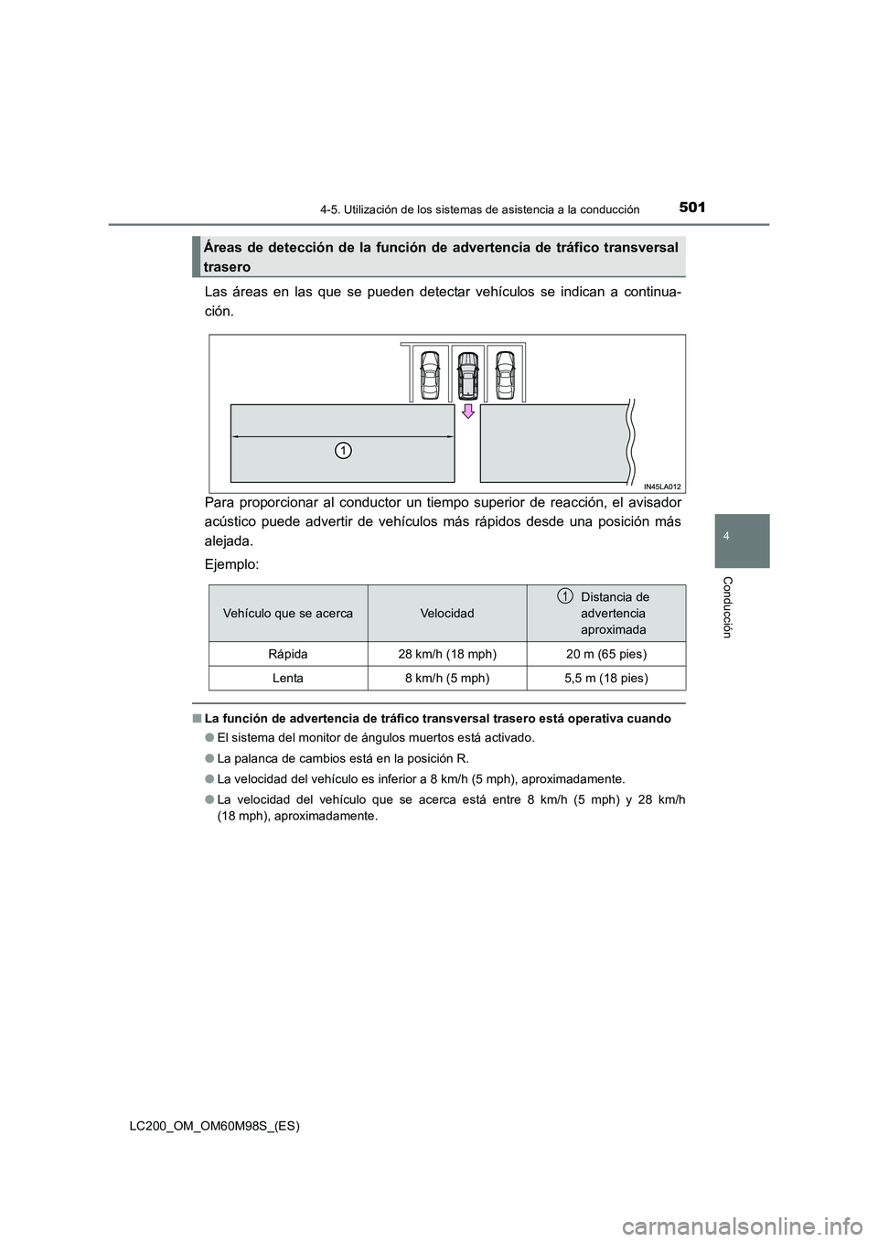 TOYOTA LAND CRUISER 2015  Manual del propietario (in Spanish) 5014-5. Utilización de los sistemas de asistencia a la conducción
4
Conducción
LC200_OM_OM60M98S_(ES)
Las áreas en las que se pueden detectar vehículos se indican a continua-
ción.
Para proporci