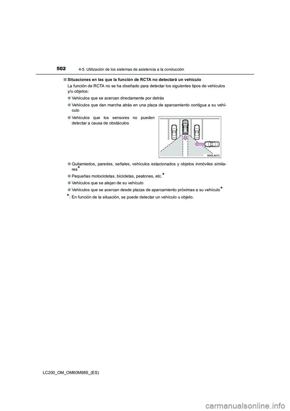 TOYOTA LAND CRUISER 2015  Manual del propietario (in Spanish) 5024-5. Utilización de los sistemas de asistencia a la conducción
LC200_OM_OM60M98S_(ES)■
Situaciones en las que la función de RCTA no detectará un vehículo
La función de RCTA no se ha diseña