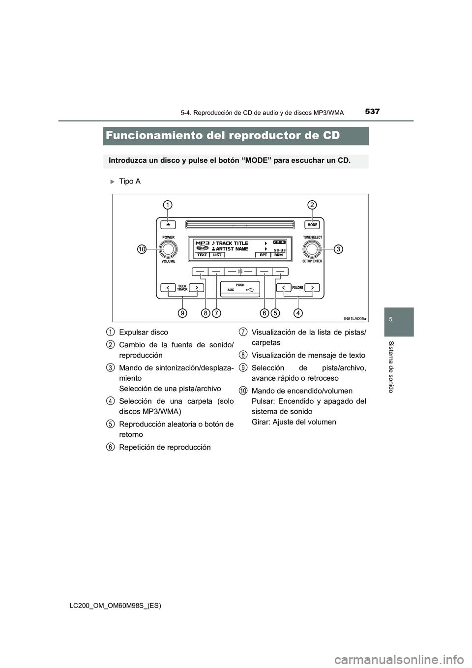 TOYOTA LAND CRUISER 2015  Manual del propietario (in Spanish) 537
5
5-4. Reproducción de CD de audio y de discos MP3/WMA
Sistema de sonido
LC200_OM_OM60M98S_(ES)
Funcionamiento del reproductor de CD
�XTipo A
Introduzca un disco y pulse el botón “MODE” para