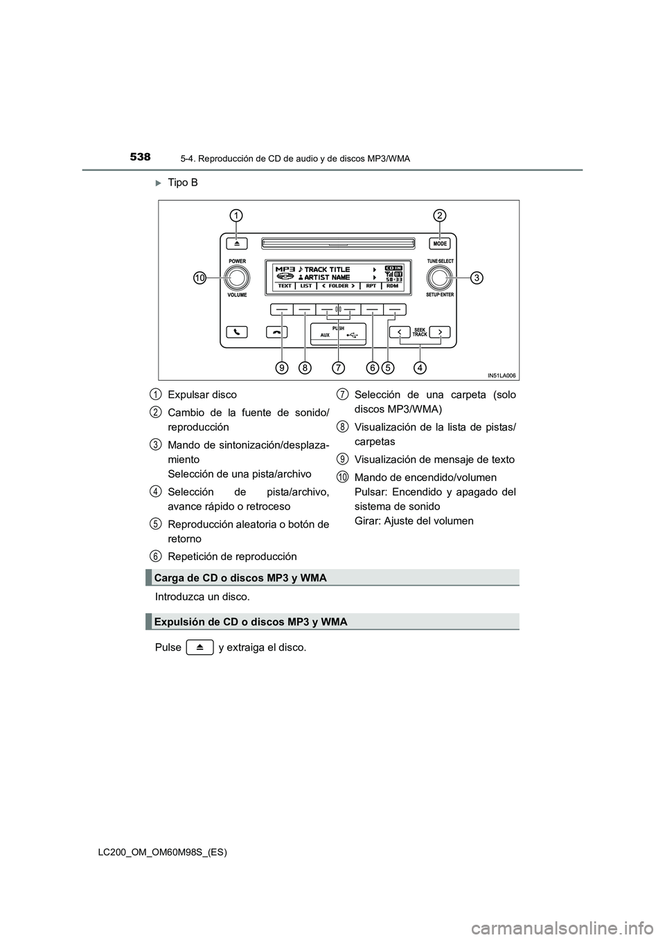 TOYOTA LAND CRUISER 2015  Manual del propietario (in Spanish) 5385-4. Reproducción de CD de audio y de discos MP3/WMA
LC200_OM_OM60M98S_(ES)
�XTipo B
Introduzca un disco.
Pulse   y extraiga el disco.
Expulsar disco
Cambio de la fuente de sonido/
reproducción
M