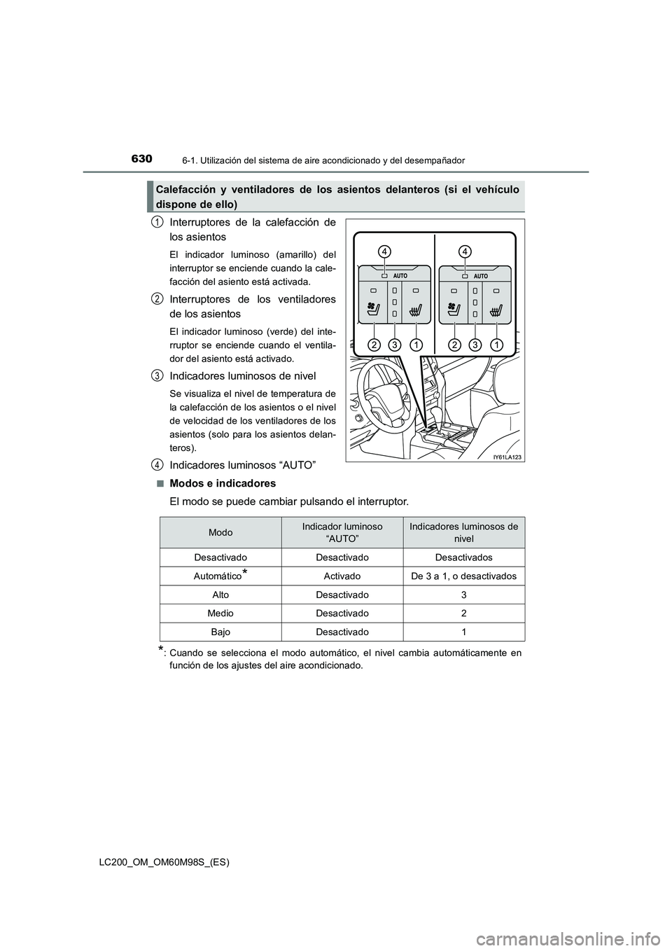 TOYOTA LAND CRUISER 2015  Manual del propietario (in Spanish) 6306-1. Utilización del sistema de aire acondicionado y del desempañador
LC200_OM_OM60M98S_(ES)
Interruptores de la calefacción de
los asientos
El indicador luminoso (amarillo) del
interruptor se e