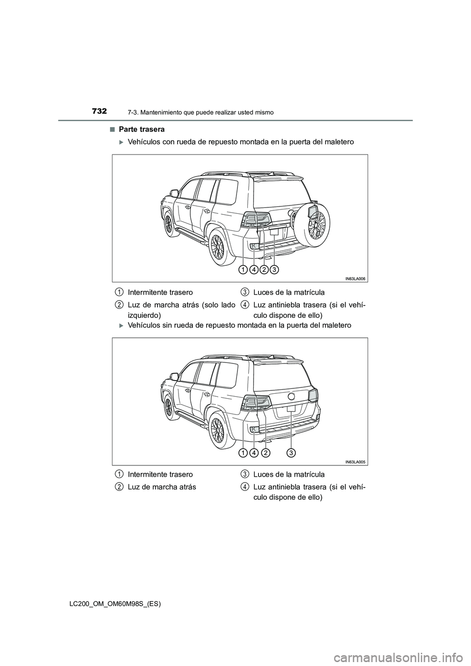 TOYOTA LAND CRUISER 2015  Manual del propietario (in Spanish) 7327-3. Mantenimiento que puede realizar usted mismo
LC200_OM_OM60M98S_(ES)■
Parte trasera
�XVehículos con rueda de repuesto montada en la puerta del maletero
�XVehículos sin rueda de repuesto mon