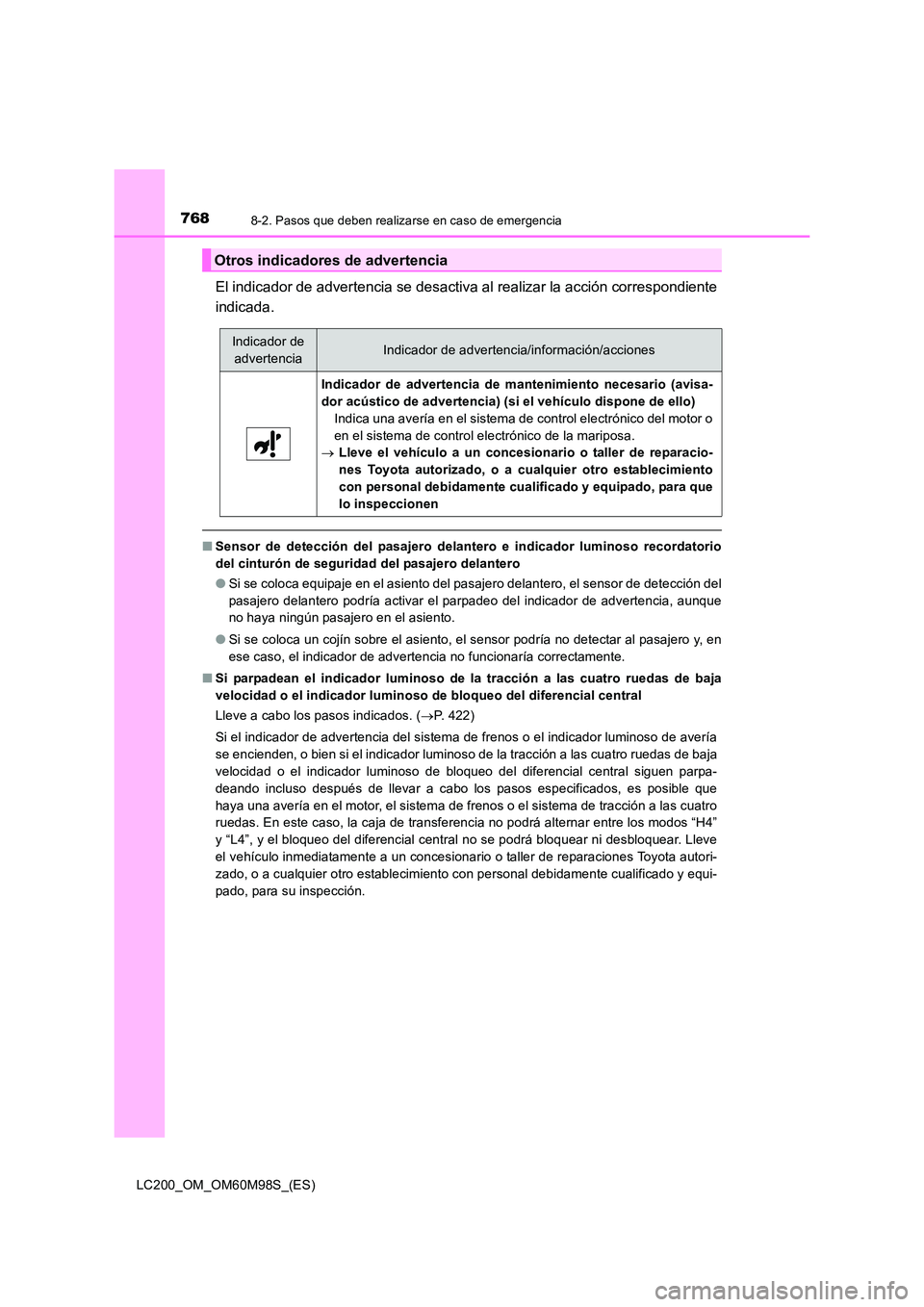 TOYOTA LAND CRUISER 2015  Manual del propietario (in Spanish) 7688-2. Pasos que deben realizarse en caso de emergencia
LC200_OM_OM60M98S_(ES)
El indicador de advertencia se desactiva al realizar la acción correspondiente
indicada.
■Sensor de detección del pa