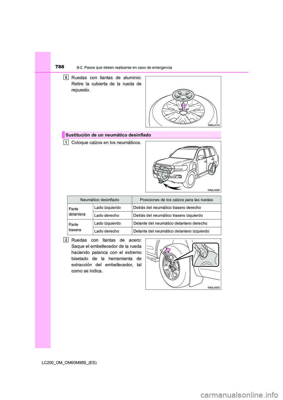 TOYOTA LAND CRUISER 2015  Manual del propietario (in Spanish) 7888-2. Pasos que deben realizarse en caso de emergencia
LC200_OM_OM60M98S_(ES)
Ruedas con llantas de aluminio:
Retire la cubierta de la rueda de
repuesto.
Coloque calzos en los neumáticos.
Ruedas co