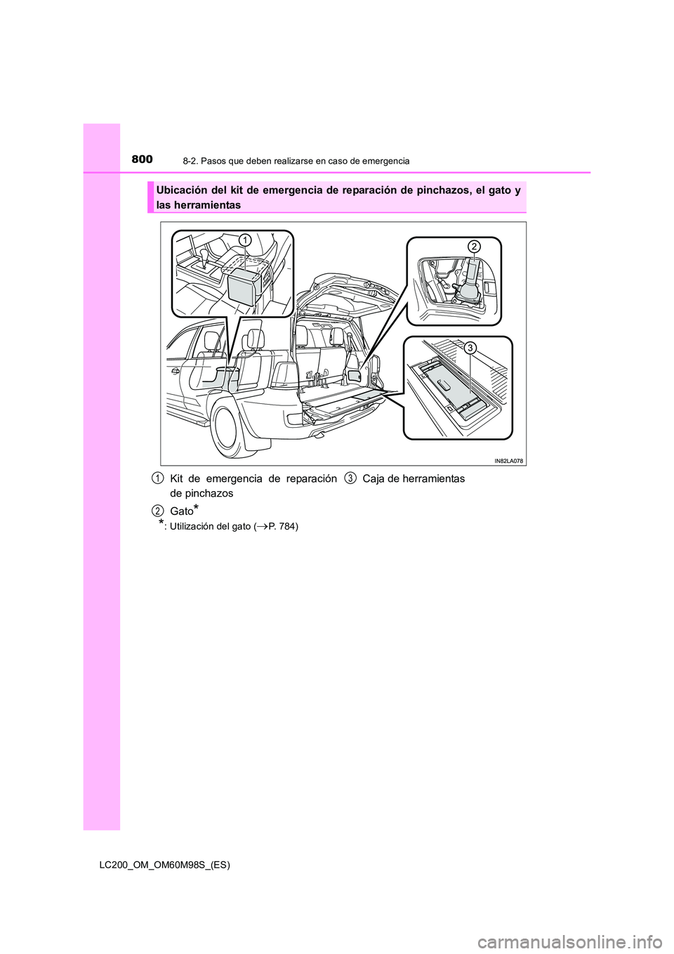 TOYOTA LAND CRUISER 2015  Manual del propietario (in Spanish) 8008-2. Pasos que deben realizarse en caso de emergencia
LC200_OM_OM60M98S_(ES)
*: Utilización del gato (→P. 784)
Ubicación del kit de emergencia de reparación de pinchazos, el gato y
las herrami