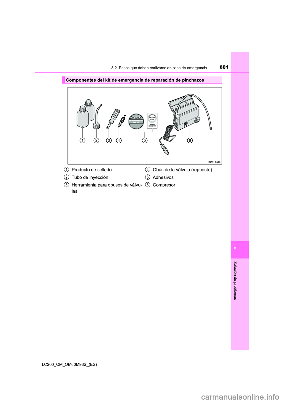 TOYOTA LAND CRUISER 2015  Manual del propietario (in Spanish) 8018-2. Pasos que deben realizarse en caso de emergencia
LC200_OM_OM60M98S_(ES)
8
Solución de problemas
Componentes del kit de emergencia de reparación de pinchazos
Producto de sellado
Tubo de inyec