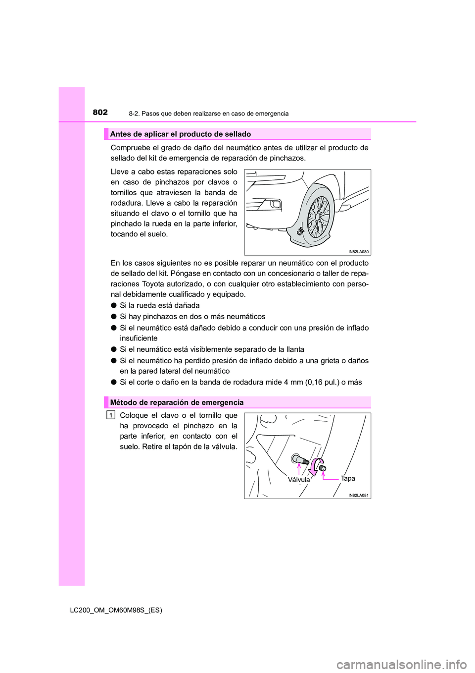 TOYOTA LAND CRUISER 2015  Manual del propietario (in Spanish) 8028-2. Pasos que deben realizarse en caso de emergencia
LC200_OM_OM60M98S_(ES)
Compruebe el grado de daño del neumático antes de utilizar el producto de
sellado del kit de emergencia de reparación