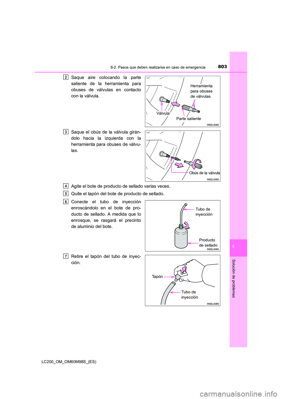 TOYOTA LAND CRUISER 2015  Manual del propietario (in Spanish) 8038-2. Pasos que deben realizarse en caso de emergencia
LC200_OM_OM60M98S_(ES)
8
Solución de problemas
Saque aire colocando la parte
saliente de la herramienta para
obuses de válvulas en contacto
c