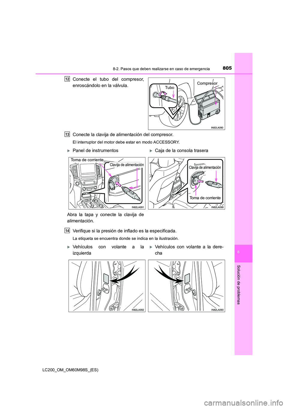 TOYOTA LAND CRUISER 2015  Manual del propietario (in Spanish) 8058-2. Pasos que deben realizarse en caso de emergencia
LC200_OM_OM60M98S_(ES)
8
Solución de problemas
Conecte el tubo del compresor,
enroscándolo en la válvula.
Conecte la clavija de alimentació