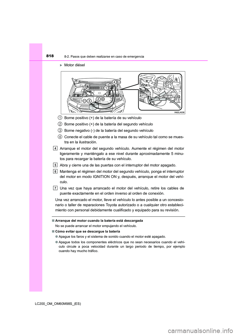 TOYOTA LAND CRUISER 2015  Manual del propietario (in Spanish) 8188-2. Pasos que deben realizarse en caso de emergencia
LC200_OM_OM60M98S_(ES)
�XMotor diésel
Borne positivo (+) de la batería de su vehículo
Borne positivo (+) de la batería del segundo vehícul