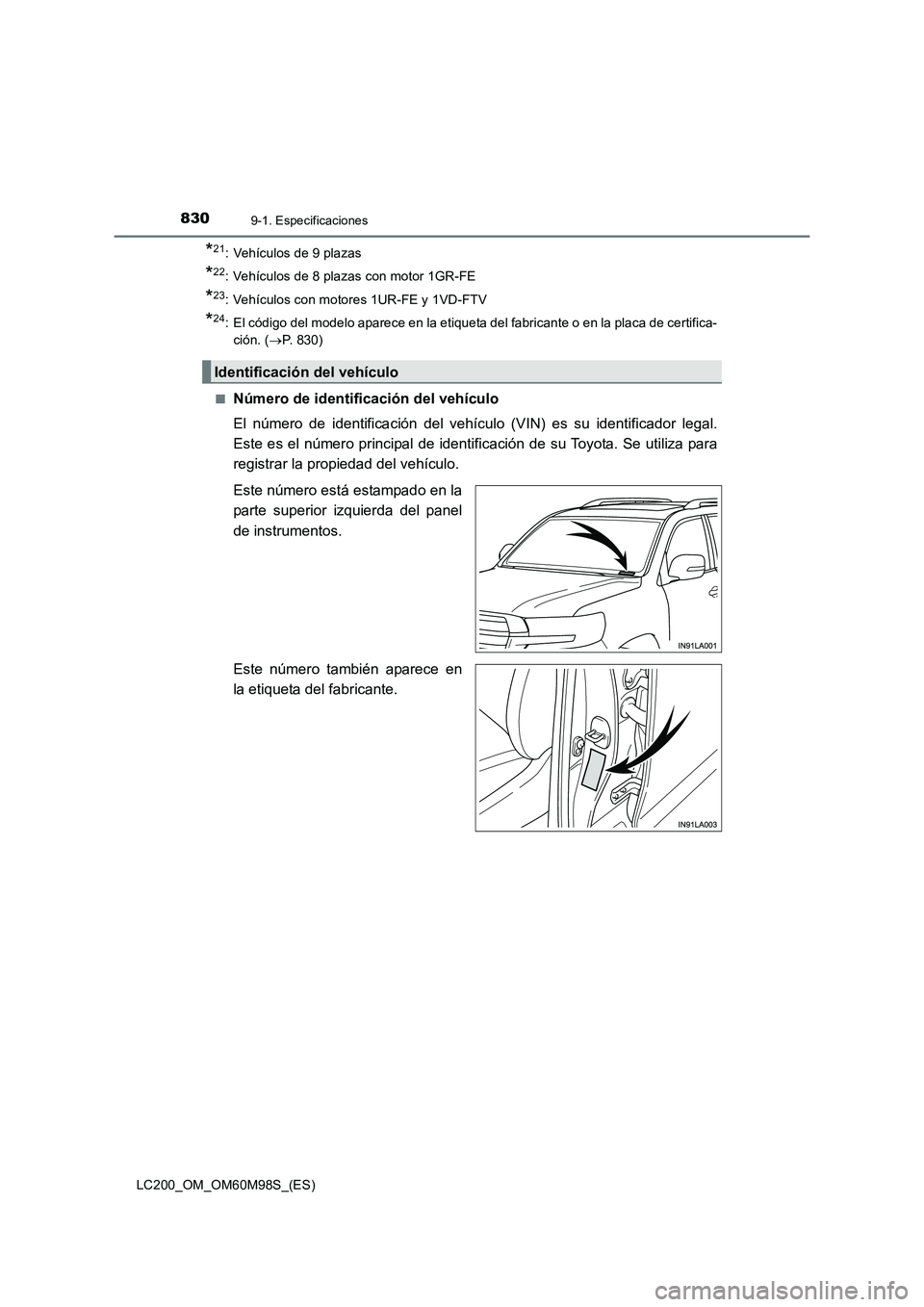 TOYOTA LAND CRUISER 2015  Manual del propietario (in Spanish) 8309-1. Especificaciones
LC200_OM_OM60M98S_(ES)
*21: Vehículos de 9 plazas
*22: Vehículos de 8 plazas con motor 1GR-FE
*23: Vehículos con motores 1UR-FE y 1VD-FTV
*24: El código del modelo aparece