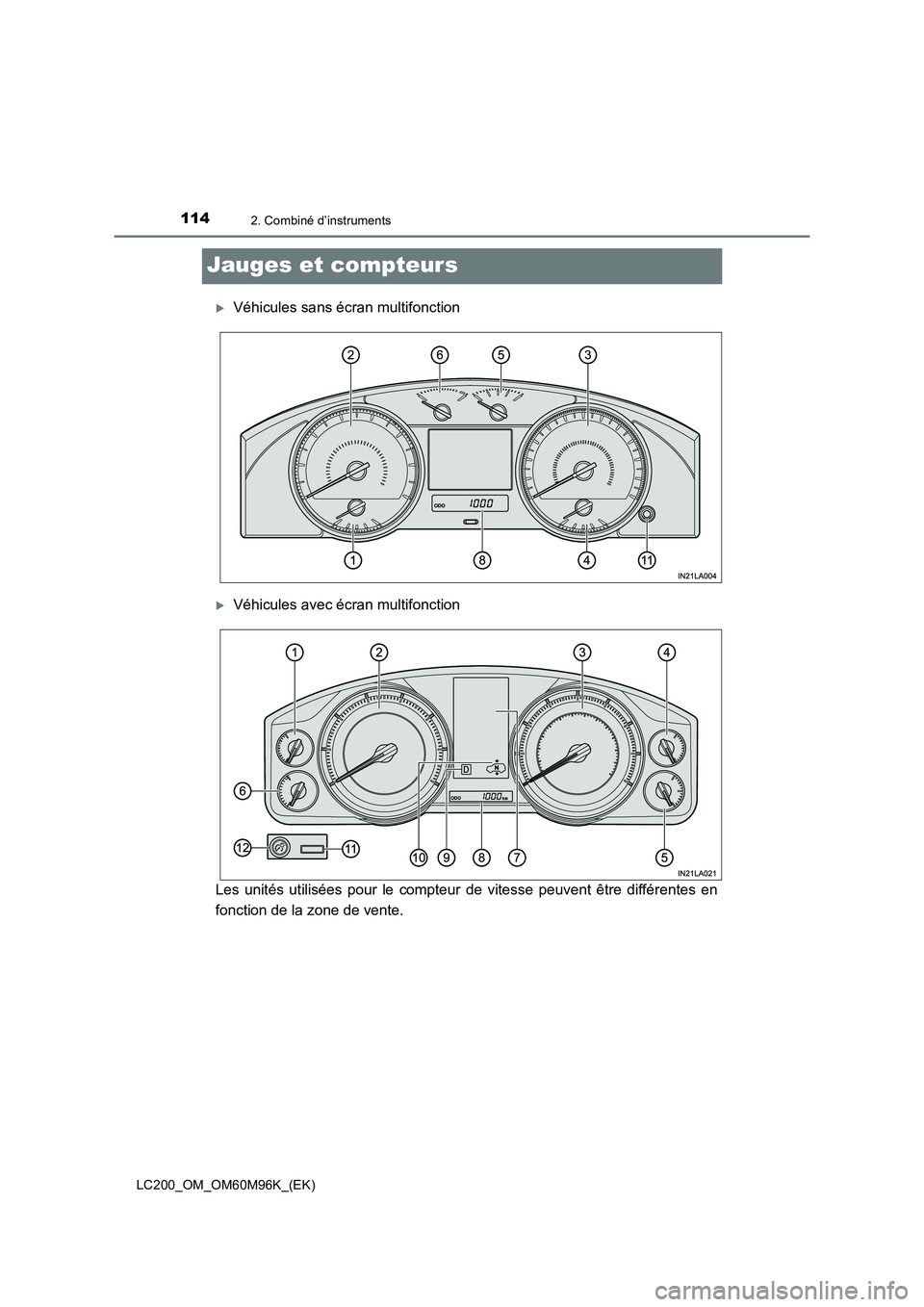 TOYOTA LAND CRUISER 2016  Manuel du propriétaire (in French) 1142. Combiné d’instruments
LC200_OM_OM60M96K_(EK)
Jauges et compteurs
�XVéhicules sans écran multifonction
�XVéhicules avec écran multifonction
Les unités utilisées pour le compteur de vites