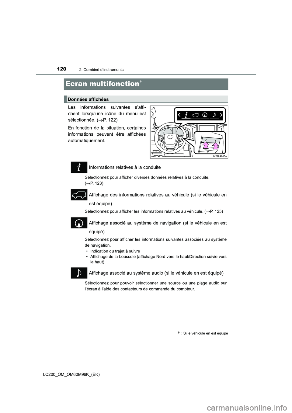 TOYOTA LAND CRUISER 2016  Manuel du propriétaire (in French) 1202. Combiné d’instruments
LC200_OM_OM60M96K_(EK)
Ecran multifonction∗
Les informations suivantes s’affi-
chent lorsqu’une icône du menu est
sélectionnée. (→P. 122)
En fonction de la si