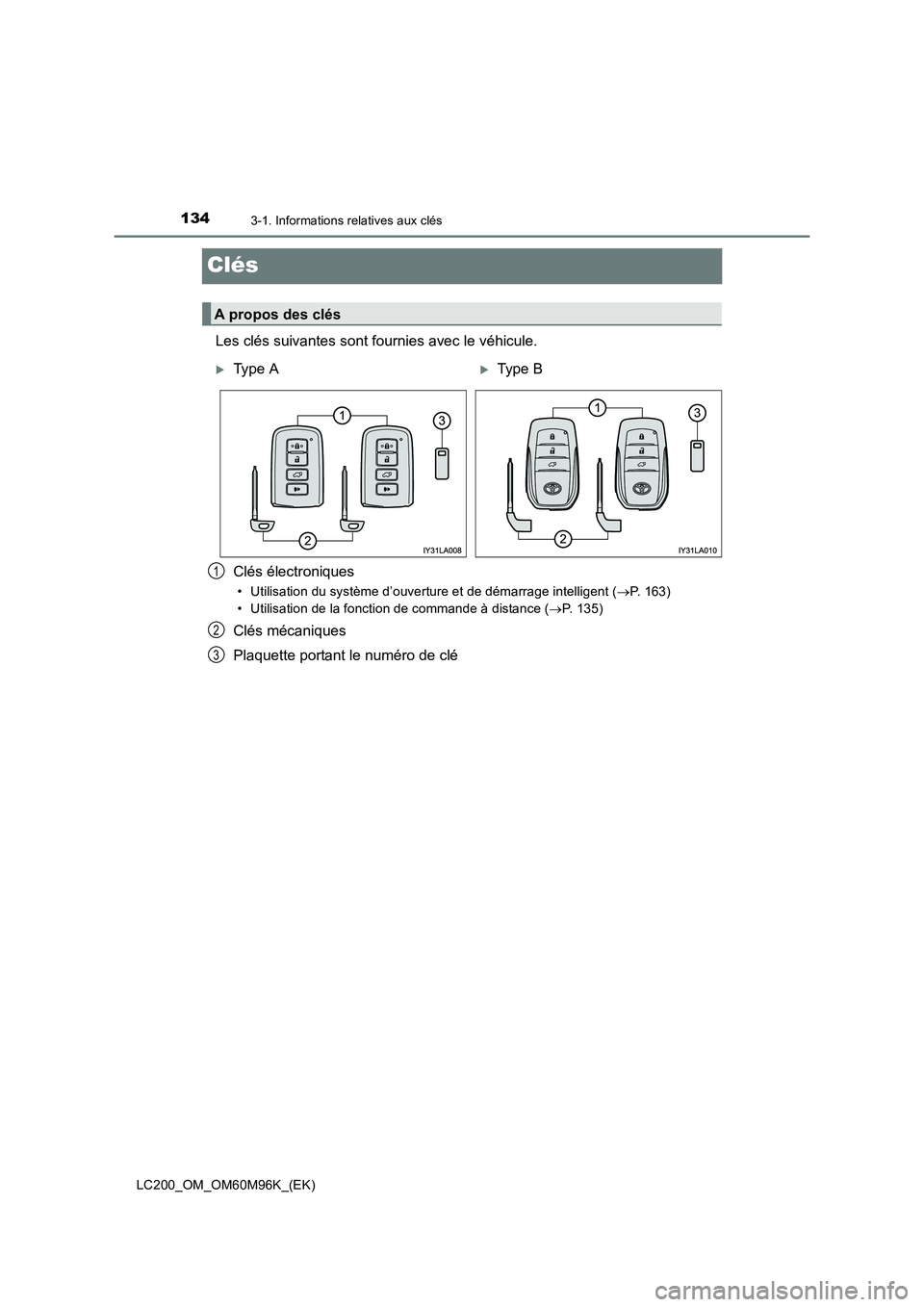 TOYOTA LAND CRUISER 2016  Manuel du propriétaire (in French) 1343-1. Informations relatives aux clés
LC200_OM_OM60M96K_(EK)
Clés
Les clés suivantes sont fournies avec le véhicule.Clés électroniques
• Utilisation du système d’ouverture et de démarrag