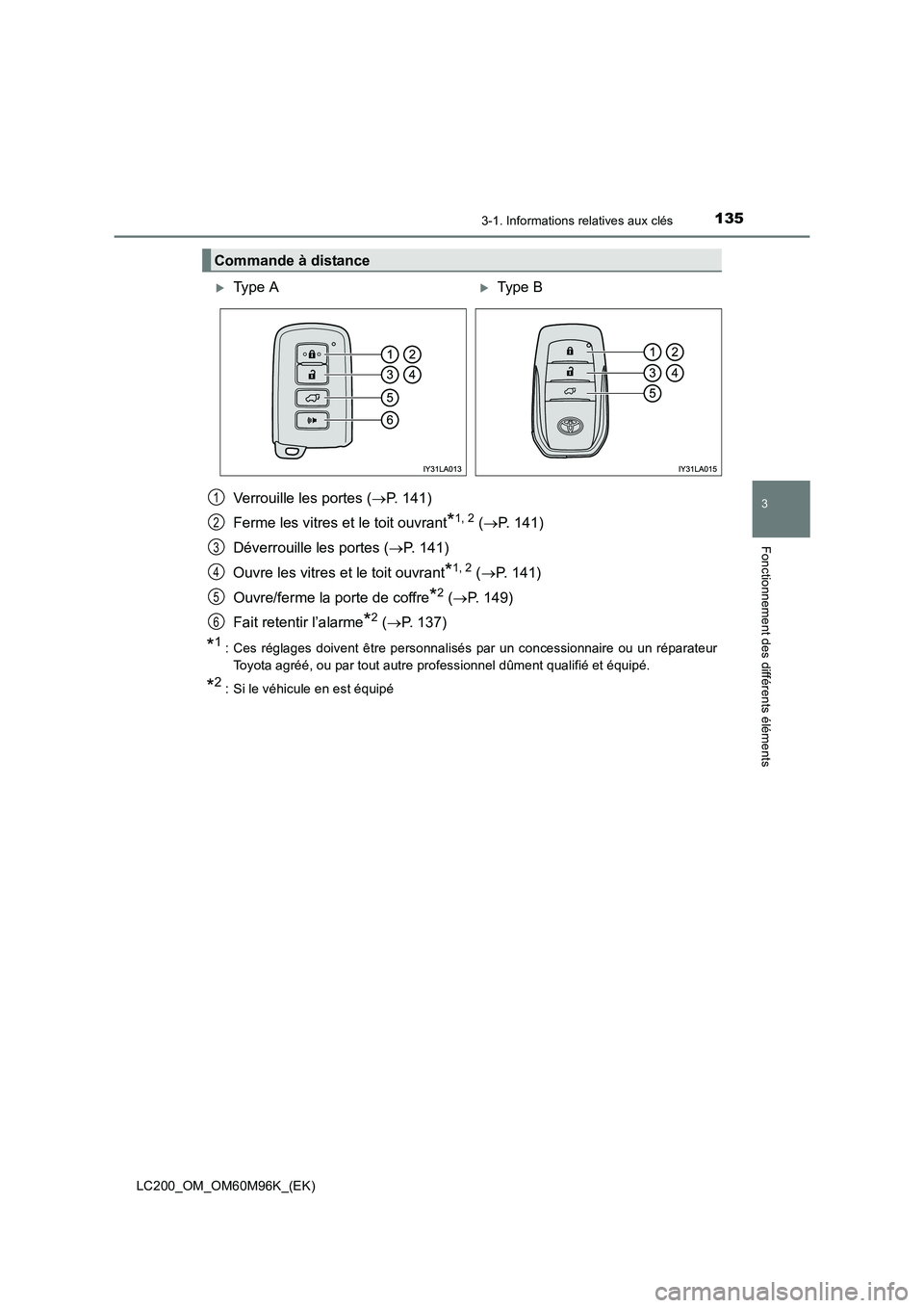 TOYOTA LAND CRUISER 2016  Manuel du propriétaire (in French) 1353-1. Informations relatives aux clés
3
Fonctionnement des différents éléments
LC200_OM_OM60M96K_(EK)
Verrouille les portes (→P. 141)
Ferme les vitres et le toit ouvrant
*1, 2 ( → P. 141)
D
