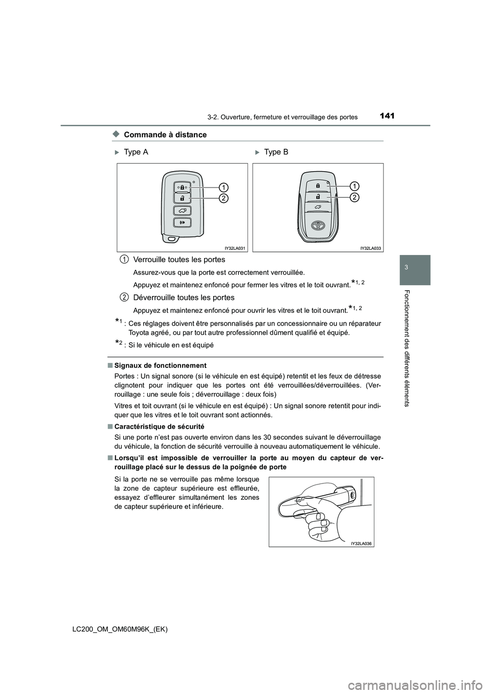 TOYOTA LAND CRUISER 2016 Manuel du propriétaire (in French) 1413-2. Ouverture, fermeture et verrouillage des portes
3
Fonctionnement des différents éléments
LC200_OM_OM60M96K_(EK)
◆Commande à distanceVerrouille toutes les portes
Assurez-vous que la porte TOYOTA LAND CRUISER 2016 Manuel du propriétaire (in French) 1413-2. Ouverture, fermeture et verrouillage des portes
3
Fonctionnement des différents éléments
LC200_OM_OM60M96K_(EK)
◆Commande à distanceVerrouille toutes les portes
Assurez-vous que la porte