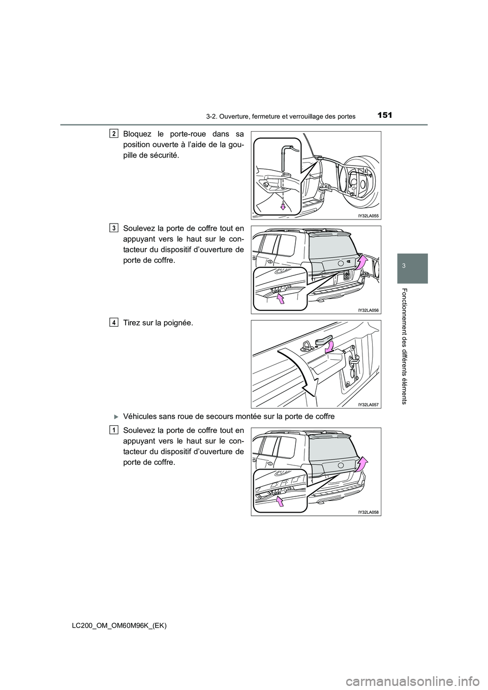 TOYOTA LAND CRUISER 2016  Manuel du propriétaire (in French) 1513-2. Ouverture, fermeture et verrouillage des portes
3
Fonctionnement des différents éléments
LC200_OM_OM60M96K_(EK)
Bloquez le porte-roue dans sa
position ouverte à l’aide de la gou-
pille d