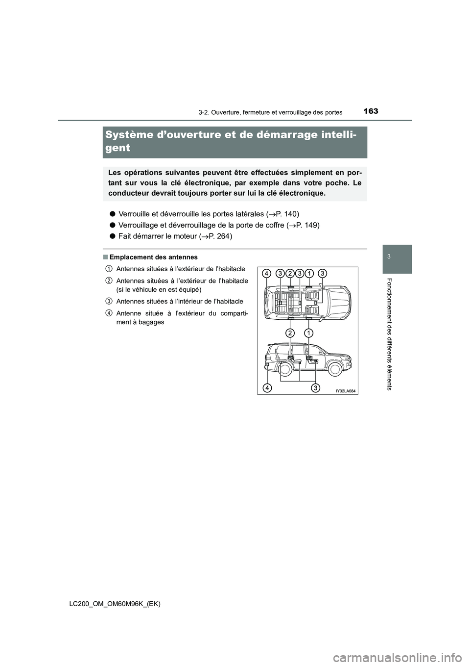TOYOTA LAND CRUISER 2016  Manuel du propriétaire (in French) 163
3
3-2. Ouverture, fermeture et verrouillage des portes
Fonctionnement des différents éléments
LC200_OM_OM60M96K_(EK)
Système d’ouverture et de démarrage intelli-
gent
●Verrouille et déve