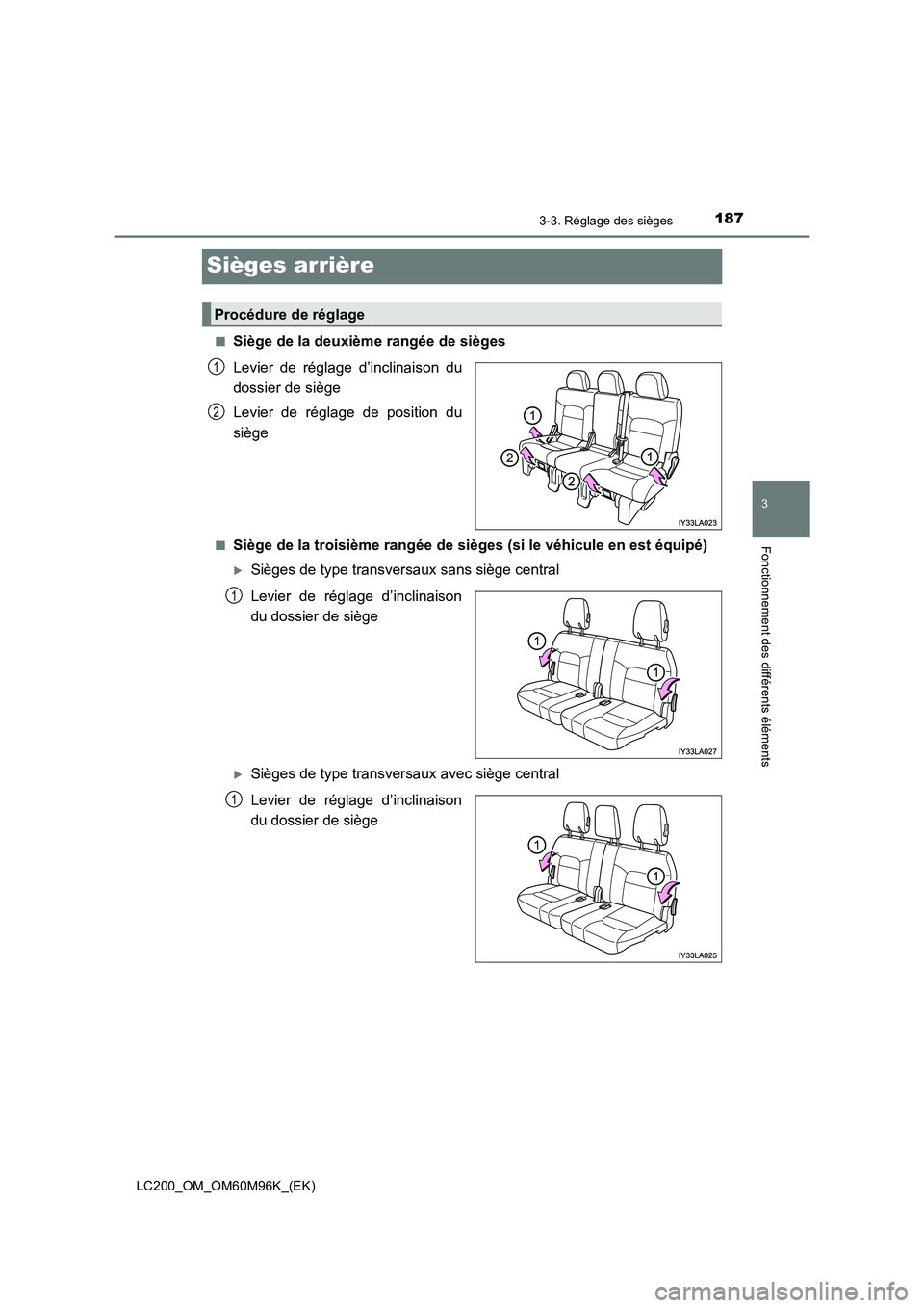 TOYOTA LAND CRUISER 2016  Manuel du propriétaire (in French) 187
3
3-3. Réglage des sièges
Fonctionnement des différents éléments
LC200_OM_OM60M96K_(EK)
Sièges arrière
■Siège de la deuxième rangée de sièges
Levier de réglage d’inclinaison du
dos