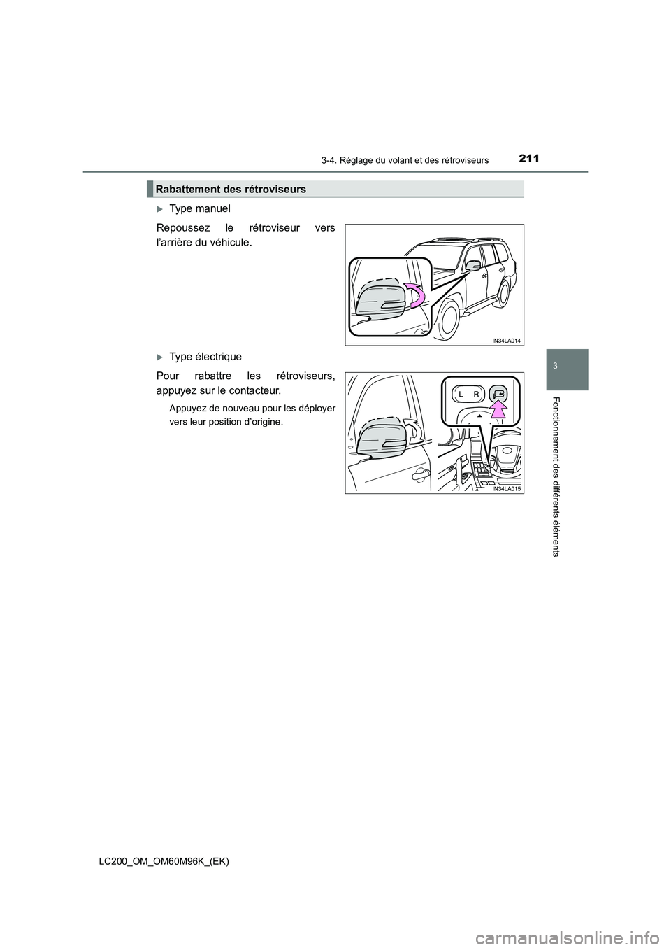 TOYOTA LAND CRUISER 2016  Manuel du propriétaire (in French) 2113-4. Réglage du volant et des rétroviseurs
3
Fonctionnement des différents éléments
LC200_OM_OM60M96K_(EK)
�XType manuel
Repoussez le rétroviseur vers
l’arrière du véhicule.
�XType élect