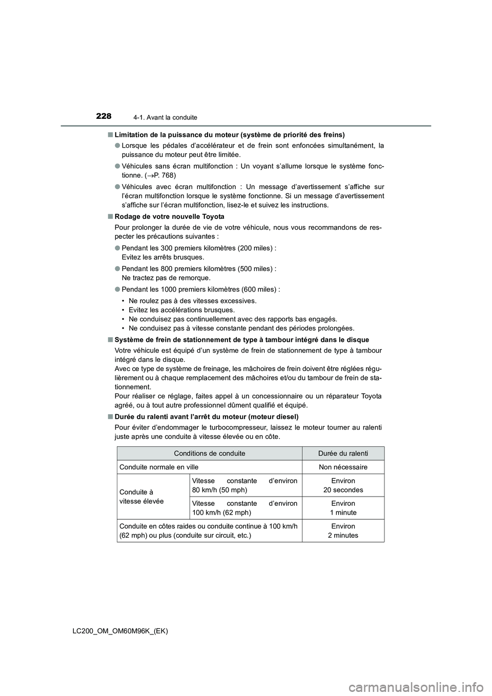 TOYOTA LAND CRUISER 2016 Manuel du propriétaire (in French) 2284-1. Avant la conduite
LC200_OM_OM60M96K_(EK)■
Limitation de la puissance du moteur (système de priorité des freins)
●Lorsque les pédales d’accélérateur et de frein sont enfoncées simul TOYOTA LAND CRUISER 2016 Manuel du propriétaire (in French) 2284-1. Avant la conduite
LC200_OM_OM60M96K_(EK)■
Limitation de la puissance du moteur (système de priorité des freins)
●Lorsque les pédales d’accélérateur et de frein sont enfoncées simul