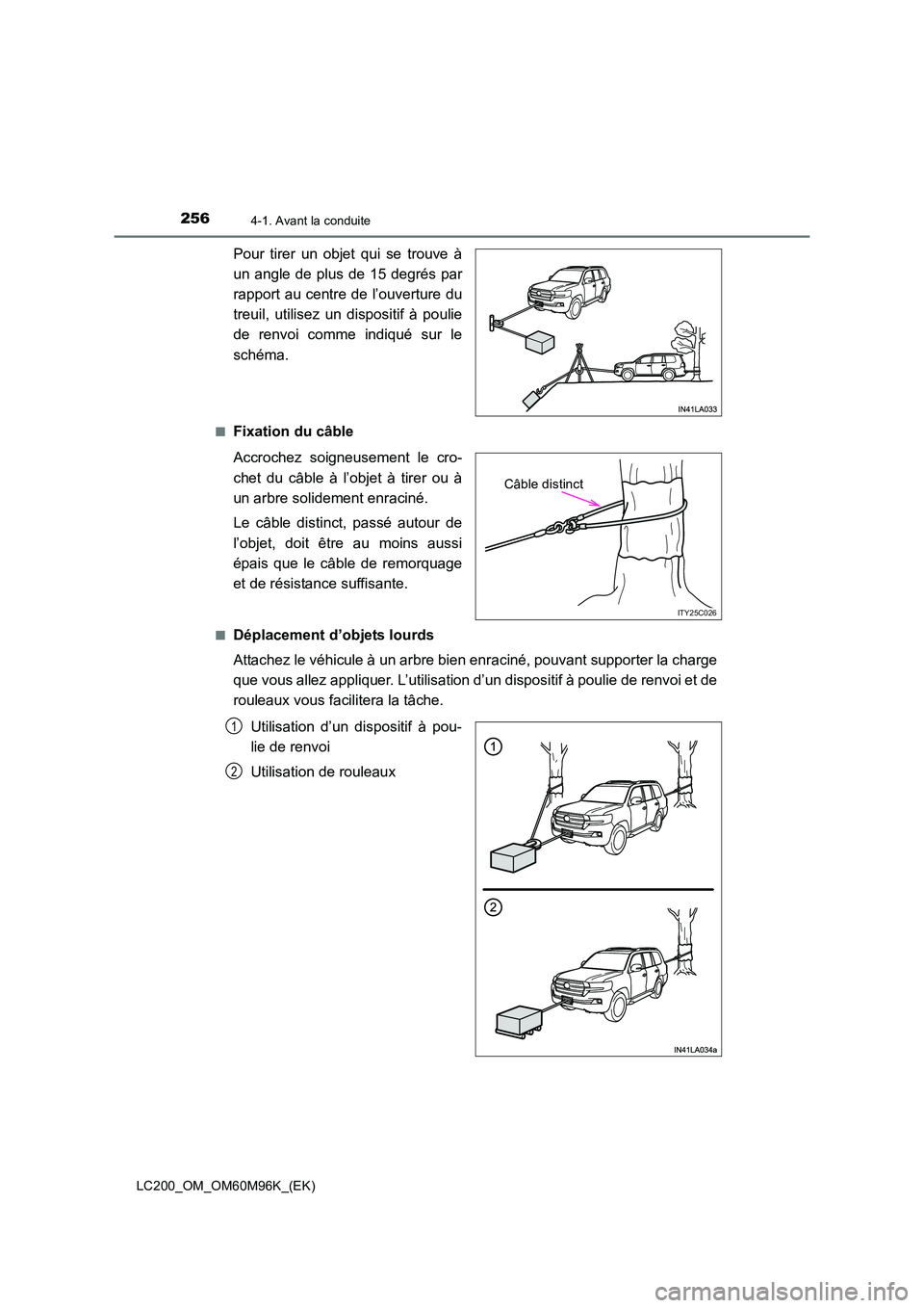 TOYOTA LAND CRUISER 2016  Manuel du propriétaire (in French) 2564-1. Avant la conduite
LC200_OM_OM60M96K_(EK)
Pour tirer un objet qui se trouve à
un angle de plus de 15 degrés par
rapport au centre de l’ouverture du
treuil, utilisez un dispositif à poulie
