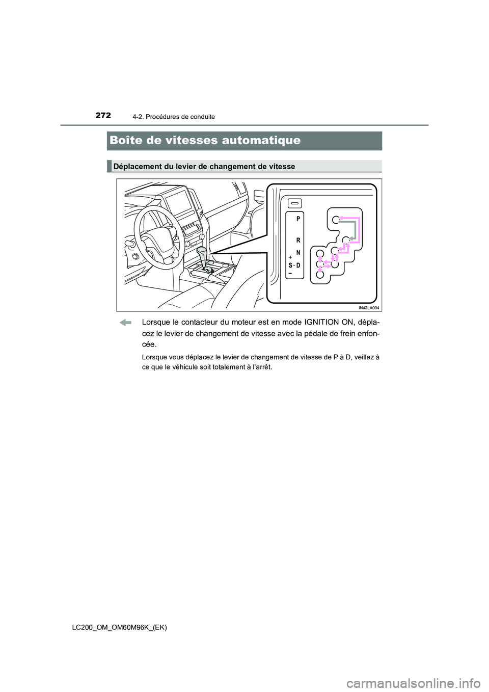 TOYOTA LAND CRUISER 2016  Manuel du propriétaire (in French) 2724-2. Procédures de conduite
LC200_OM_OM60M96K_(EK)
Boîte de vitesses automatique
Lorsque le contacteur du moteur est en mode IGNITION ON, dépla-
cez le levier de changement de vitesse avec la p