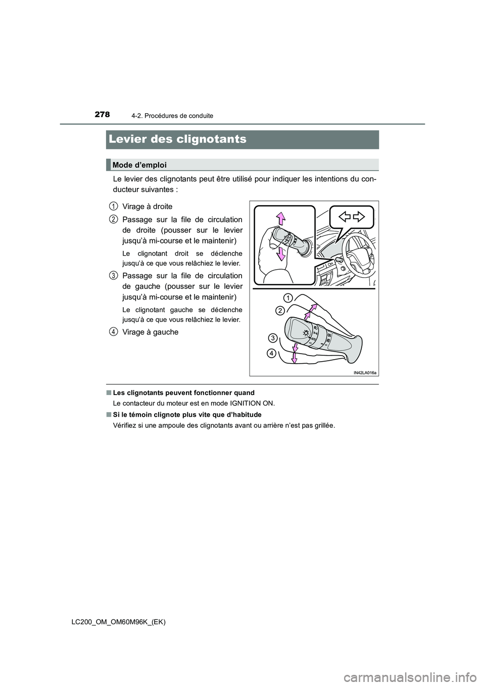 TOYOTA LAND CRUISER 2016  Manuel du propriétaire (in French) 2784-2. Procédures de conduite
LC200_OM_OM60M96K_(EK)
Levier des clignotants
Le levier des clignotants peut être utilisé pour indiquer les intentions du con-
ducteur suivantes :Virage à droite
Pas