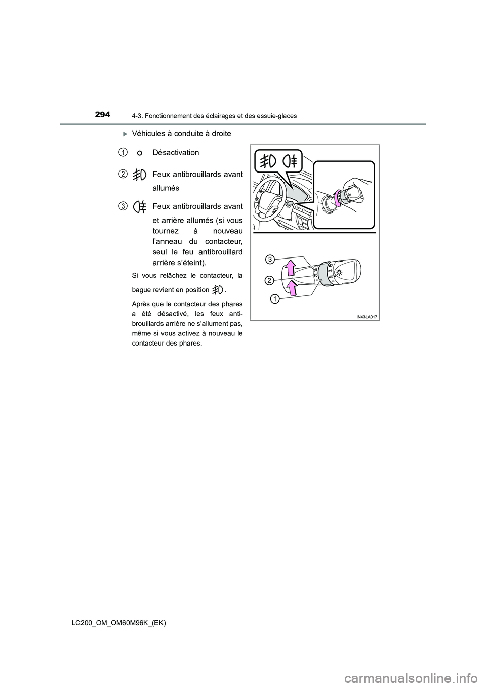 TOYOTA LAND CRUISER 2016  Manuel du propriétaire (in French) 2944-3. Fonctionnement des éclairages et des essuie-glaces
LC200_OM_OM60M96K_(EK)
�XVéhicules à conduite à droiteDésactivation
Feux antibrouillards avant
allumés
Feux antibrouillards avant
et ar