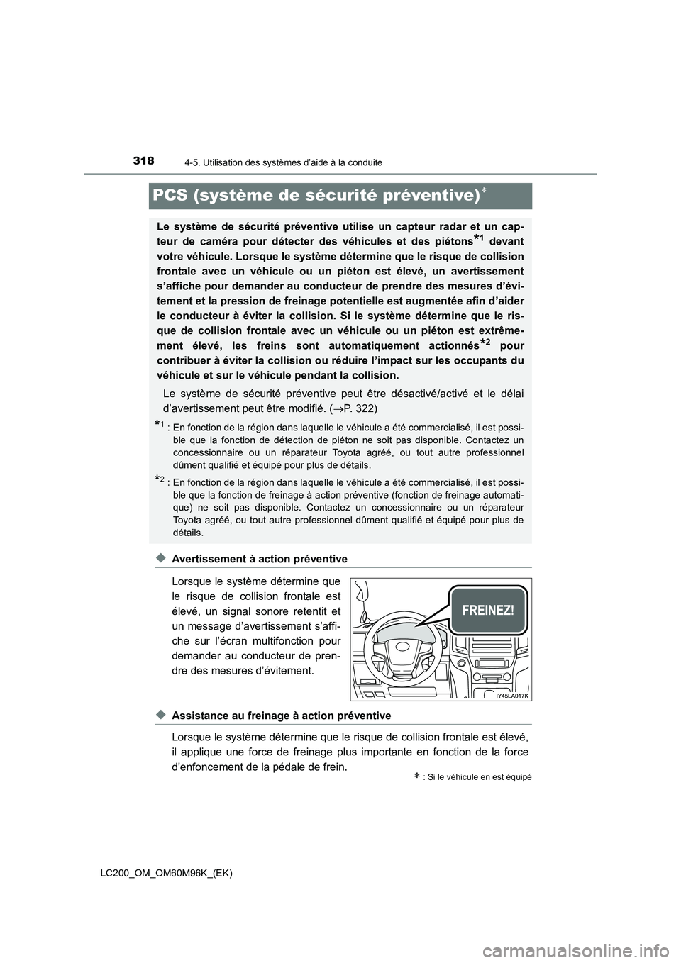 TOYOTA LAND CRUISER 2016 Manuel du propriétaire (in French) 3184-5. Utilisation des systèmes d’aide à la conduite
LC200_OM_OM60M96K_(EK)
PCS (système de sécurité préventive)∗
◆Avertissement à action préventive
Lorsque le système détermine que
l TOYOTA LAND CRUISER 2016 Manuel du propriétaire (in French) 3184-5. Utilisation des systèmes d’aide à la conduite
LC200_OM_OM60M96K_(EK)
PCS (système de sécurité préventive)∗
◆Avertissement à action préventive
Lorsque le système détermine que
l