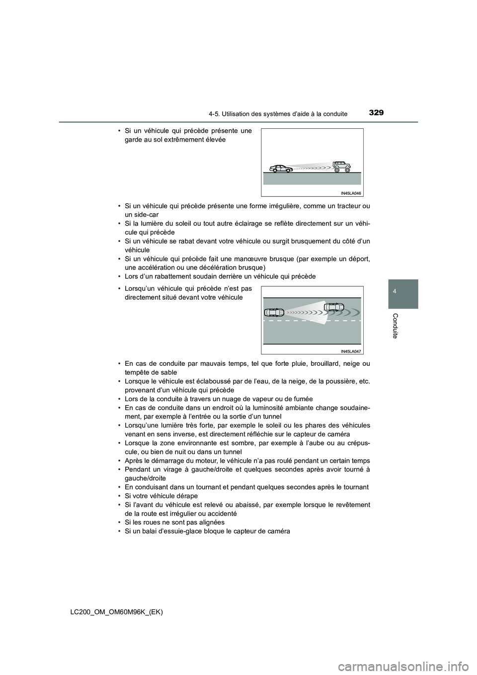 TOYOTA LAND CRUISER 2016 Manuel du propriétaire (in French) 3294-5. Utilisation des systèmes d’aide à la conduite
4
Conduite
LC200_OM_OM60M96K_(EK)• Si un véhicule qui précède présente une forme irrégulière, comme un tracteur ou
un side-car
• Si TOYOTA LAND CRUISER 2016 Manuel du propriétaire (in French) 3294-5. Utilisation des systèmes d’aide à la conduite
4
Conduite
LC200_OM_OM60M96K_(EK)• Si un véhicule qui précède présente une forme irrégulière, comme un tracteur ou
un side-car
• Si