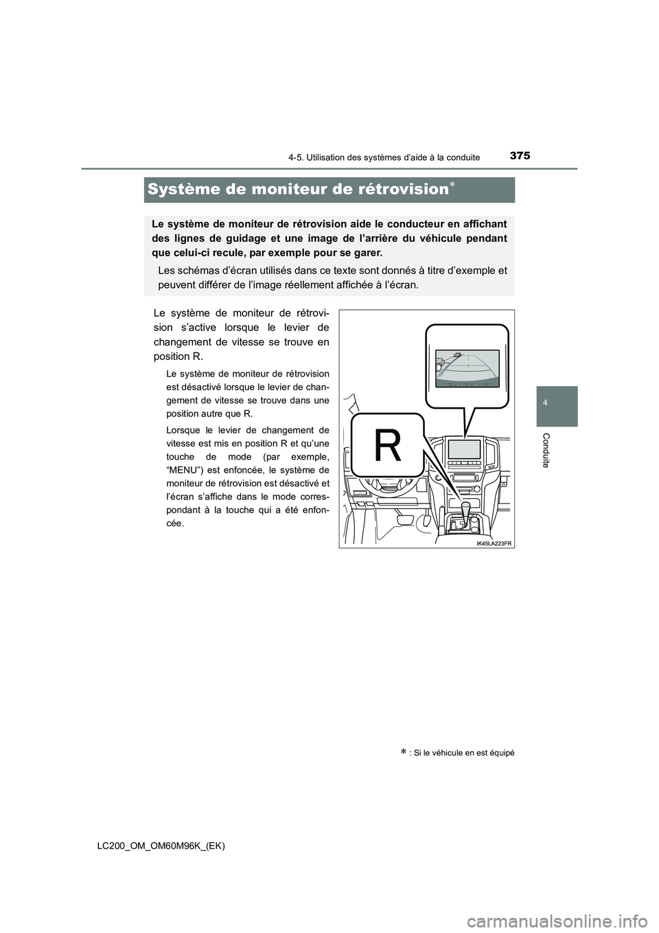 TOYOTA LAND CRUISER 2016 Manuel du propriétaire (in French) 375
4
4-5. Utilisation des systèmes d’aide à la conduite
Conduite
LC200_OM_OM60M96K_(EK)
Système de moniteur de rétrovision∗
Le système de moniteur de rétrovi-
sion s’active lorsque le lev TOYOTA LAND CRUISER 2016 Manuel du propriétaire (in French) 375
4
4-5. Utilisation des systèmes d’aide à la conduite
Conduite
LC200_OM_OM60M96K_(EK)
Système de moniteur de rétrovision∗
Le système de moniteur de rétrovi-
sion s’active lorsque le lev