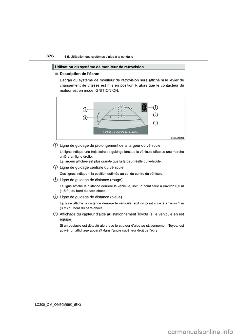 TOYOTA LAND CRUISER 2016 Manuel du propriétaire (in French) 3764-5. Utilisation des systèmes d’aide à la conduite
LC200_OM_OM60M96K_(EK)■
Description de l’écran
L’écran du système de moniteur de rétrovision sera affiché si le levier de
changemen TOYOTA LAND CRUISER 2016 Manuel du propriétaire (in French) 3764-5. Utilisation des systèmes d’aide à la conduite
LC200_OM_OM60M96K_(EK)■
Description de l’écran
L’écran du système de moniteur de rétrovision sera affiché si le levier de
changemen