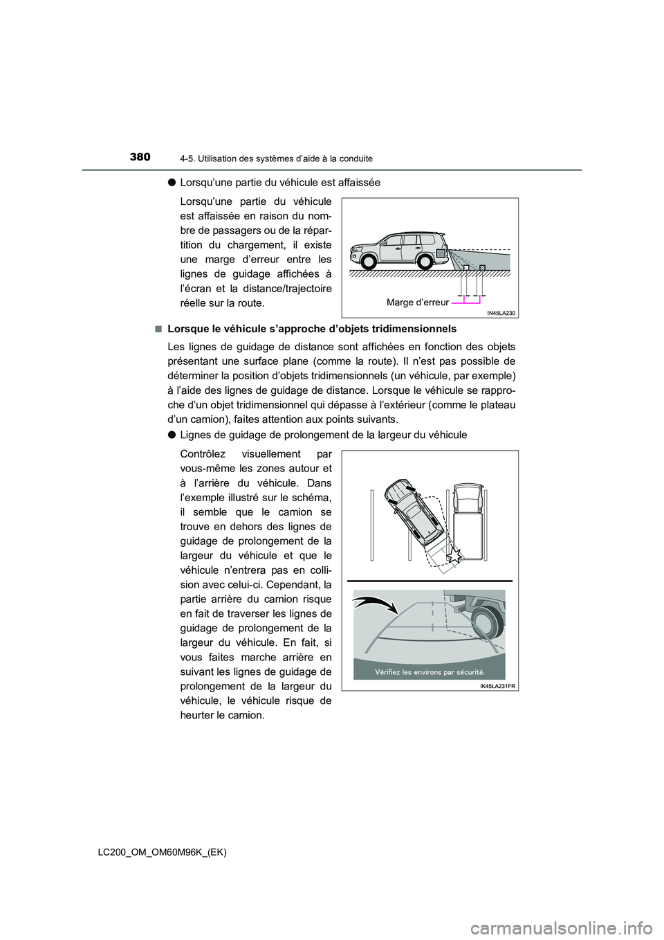 TOYOTA LAND CRUISER 2016 Manuel du propriétaire (in French) 3804-5. Utilisation des systèmes d’aide à la conduite
LC200_OM_OM60M96K_(EK)
●Lorsqu’une partie du véhicule est affaissée
Lorsqu’une partie du véhicule
est affaissée en raison du nom-
br TOYOTA LAND CRUISER 2016 Manuel du propriétaire (in French) 3804-5. Utilisation des systèmes d’aide à la conduite
LC200_OM_OM60M96K_(EK)
●Lorsqu’une partie du véhicule est affaissée
Lorsqu’une partie du véhicule
est affaissée en raison du nom-
br