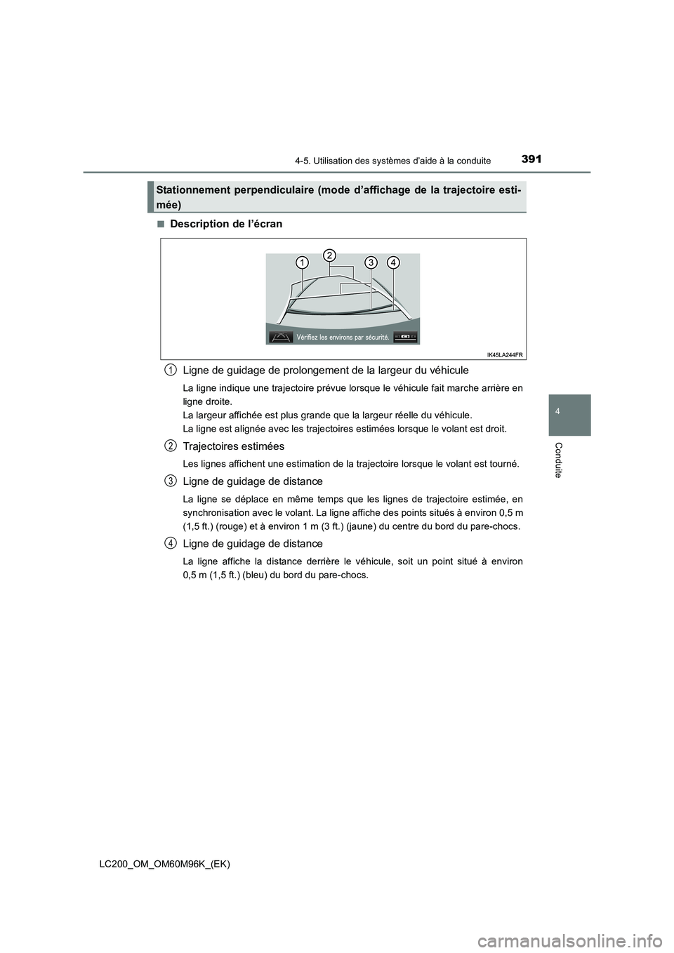 TOYOTA LAND CRUISER 2016 Manuel du propriétaire (in French) 3914-5. Utilisation des systèmes d’aide à la conduite
4
Conduite
LC200_OM_OM60M96K_(EK)■
Description de l’écran
Ligne de guidage de prolongement de la largeur du véhicule
La ligne indique un TOYOTA LAND CRUISER 2016 Manuel du propriétaire (in French) 3914-5. Utilisation des systèmes d’aide à la conduite
4
Conduite
LC200_OM_OM60M96K_(EK)■
Description de l’écran
Ligne de guidage de prolongement de la largeur du véhicule
La ligne indique un