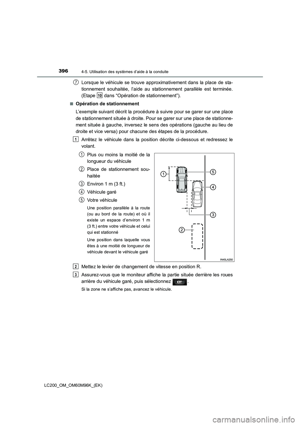 TOYOTA LAND CRUISER 2016 Manuel du propriétaire (in French) 3964-5. Utilisation des systèmes d’aide à la conduite
LC200_OM_OM60M96K_(EK)
Lorsque le véhicule se trouve approximativement dans la place de sta-
tionnement souhaitée, l’aide au stationnement TOYOTA LAND CRUISER 2016 Manuel du propriétaire (in French) 3964-5. Utilisation des systèmes d’aide à la conduite
LC200_OM_OM60M96K_(EK)
Lorsque le véhicule se trouve approximativement dans la place de sta-
tionnement souhaitée, l’aide au stationnement