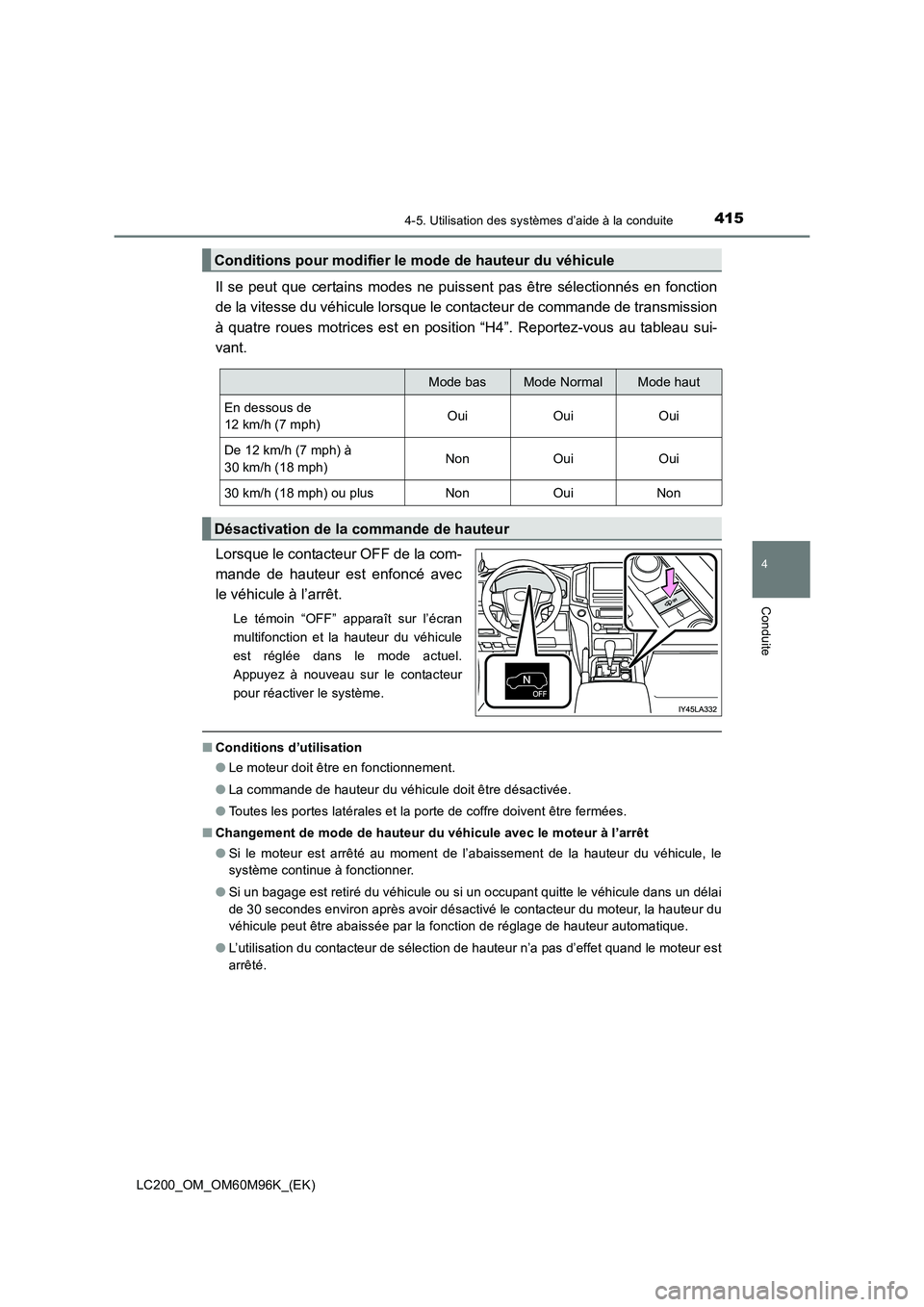 TOYOTA LAND CRUISER 2016  Manuel du propriétaire (in French) 4154-5. Utilisation des systèmes d’aide à la conduite
4
Conduite
LC200_OM_OM60M96K_(EK)
Il se peut que certains modes ne puissent pas être sélectionnés en fonction
de la vitesse du véhicule lo