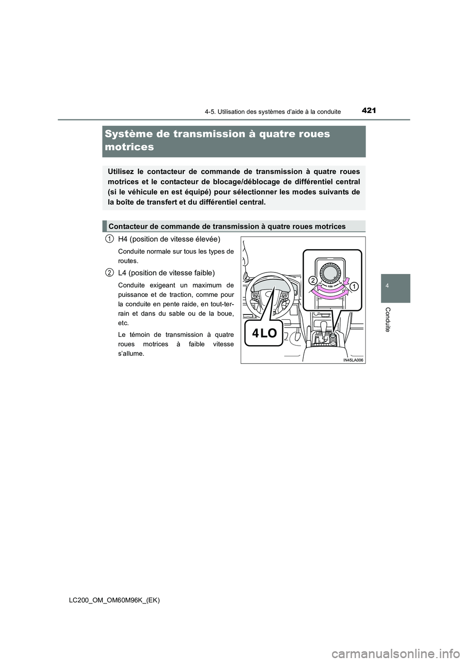 TOYOTA LAND CRUISER 2016  Manuel du propriétaire (in French) 421
4
4-5. Utilisation des systèmes d’aide à la conduite
Conduite
LC200_OM_OM60M96K_(EK)
Système de transmission à quatre roues 
motrices
H4 (position de vitesse élevée)
Conduite normale sur t