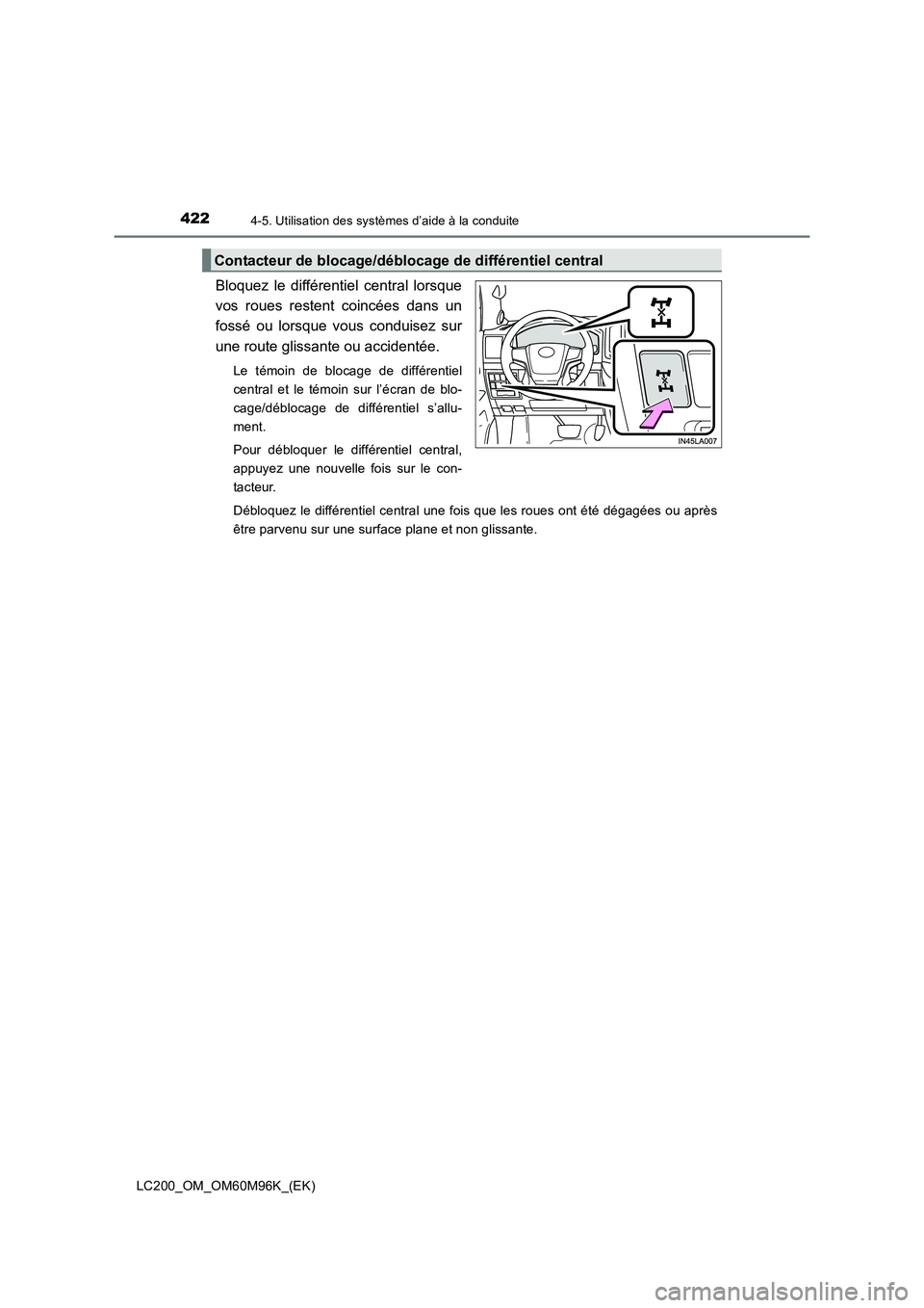 TOYOTA LAND CRUISER 2016  Manuel du propriétaire (in French) 4224-5. Utilisation des systèmes d’aide à la conduite
LC200_OM_OM60M96K_(EK)
Bloquez le différentiel central lorsque
vos roues restent coincées dans un
fossé ou lorsque vous conduisez sur
une r