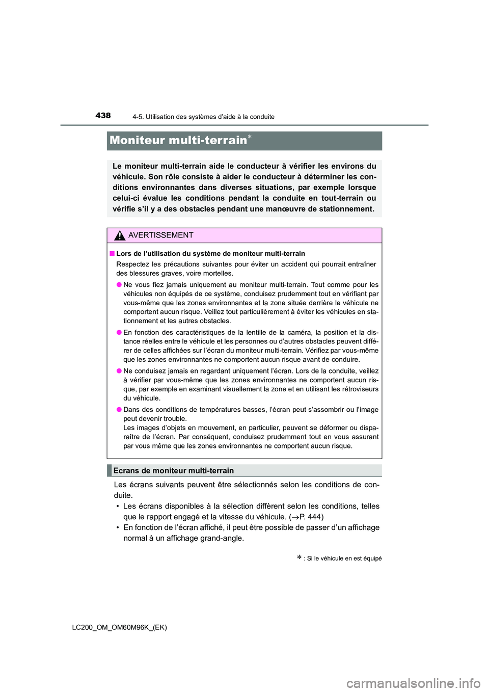 TOYOTA LAND CRUISER 2016 Manuel du propriétaire (in French) 4384-5. Utilisation des systèmes d’aide à la conduite
LC200_OM_OM60M96K_(EK)
Moniteur multi-terrain∗
Les écrans suivants peuvent être sélectionnés selon les conditions de con-
duite.• Les TOYOTA LAND CRUISER 2016 Manuel du propriétaire (in French) 4384-5. Utilisation des systèmes d’aide à la conduite
LC200_OM_OM60M96K_(EK)
Moniteur multi-terrain∗
Les écrans suivants peuvent être sélectionnés selon les conditions de con-
duite.• Les