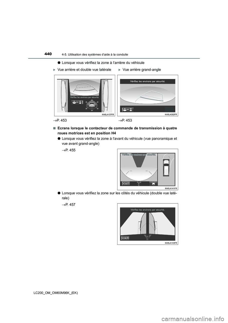 TOYOTA LAND CRUISER 2016  Manuel du propriétaire (in French) 4404-5. Utilisation des systèmes d’aide à la conduite
LC200_OM_OM60M96K_(EK)
●Lorsque vous vérifiez la zone à l’arrière du véhicule
■Ecrans lorsque le contacteur de commande de transmiss