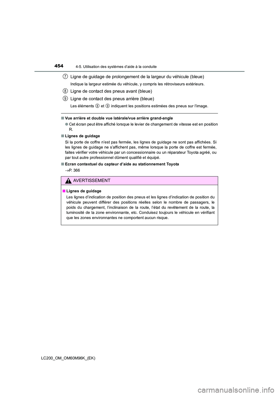 TOYOTA LAND CRUISER 2016 Manuel du propriétaire (in French) 4544-5. Utilisation des systèmes d’aide à la conduite
LC200_OM_OM60M96K_(EK)
Ligne de guidage de prolongement de la largeur du véhicule (bleue)
Indique la largeur estimée du véhicule, y compris TOYOTA LAND CRUISER 2016 Manuel du propriétaire (in French) 4544-5. Utilisation des systèmes d’aide à la conduite
LC200_OM_OM60M96K_(EK)
Ligne de guidage de prolongement de la largeur du véhicule (bleue)
Indique la largeur estimée du véhicule, y compris