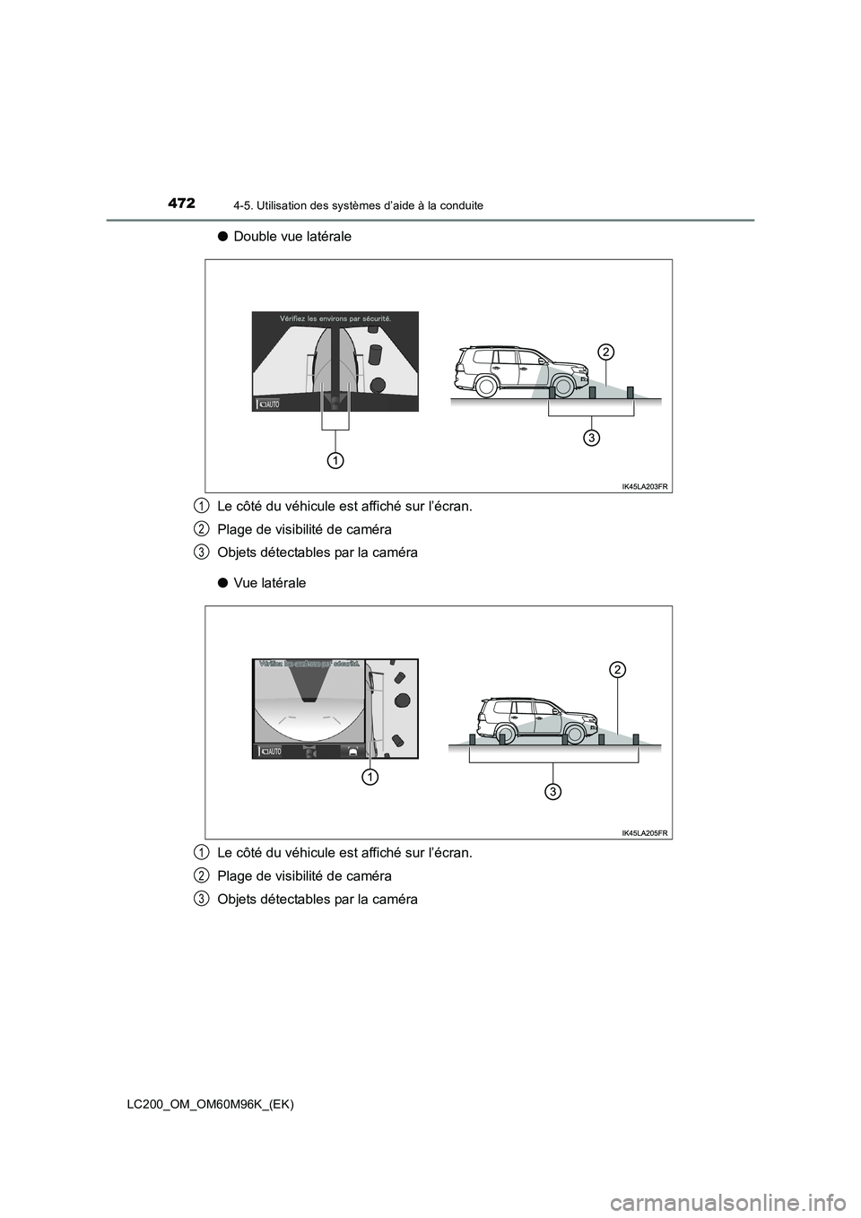 TOYOTA LAND CRUISER 2016  Manuel du propriétaire (in French) 4724-5. Utilisation des systèmes d’aide à la conduite
LC200_OM_OM60M96K_(EK)
●Double vue latérale
Le côté du véhicule est affiché sur l’écran.
Plage de visibilité de caméra
Objets dét