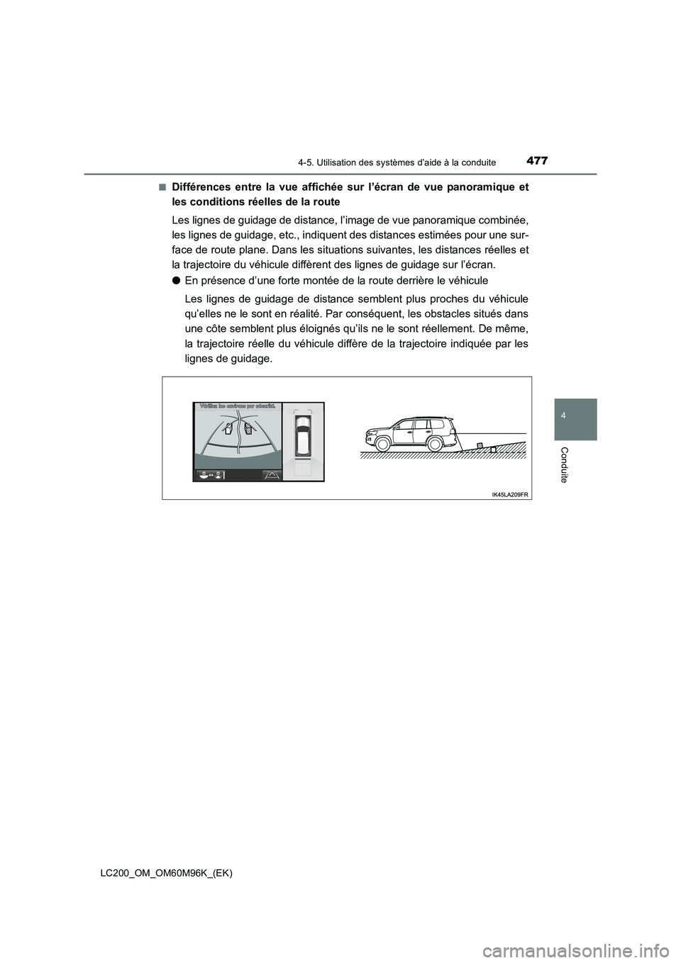 TOYOTA LAND CRUISER 2016  Manuel du propriétaire (in French) 4774-5. Utilisation des systèmes d’aide à la conduite
4
Conduite
LC200_OM_OM60M96K_(EK)■
Différences entre la vue affichée sur l’écran de vue panoramique et
les conditions réelles de la ro