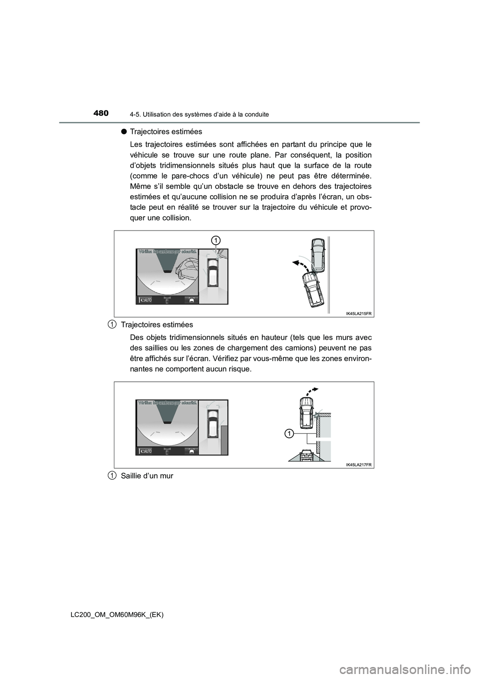 TOYOTA LAND CRUISER 2016  Manuel du propriétaire (in French) 4804-5. Utilisation des systèmes d’aide à la conduite
LC200_OM_OM60M96K_(EK)
●Trajectoires estimées
Les trajectoires estimées sont affichées en partant du principe que le
véhicule se trouve 