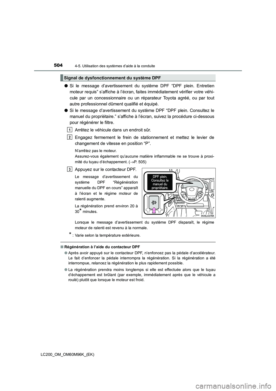 TOYOTA LAND CRUISER 2016 Manuel du propriétaire (in French) 5044-5. Utilisation des systèmes d’aide à la conduite
LC200_OM_OM60M96K_(EK)
●Si le message d’avertissement du système DPF “DPF plein. Entretien
moteur requis” s’affiche à l’écran, TOYOTA LAND CRUISER 2016 Manuel du propriétaire (in French) 5044-5. Utilisation des systèmes d’aide à la conduite
LC200_OM_OM60M96K_(EK)
●Si le message d’avertissement du système DPF “DPF plein. Entretien
moteur requis” s’affiche à l’écran,