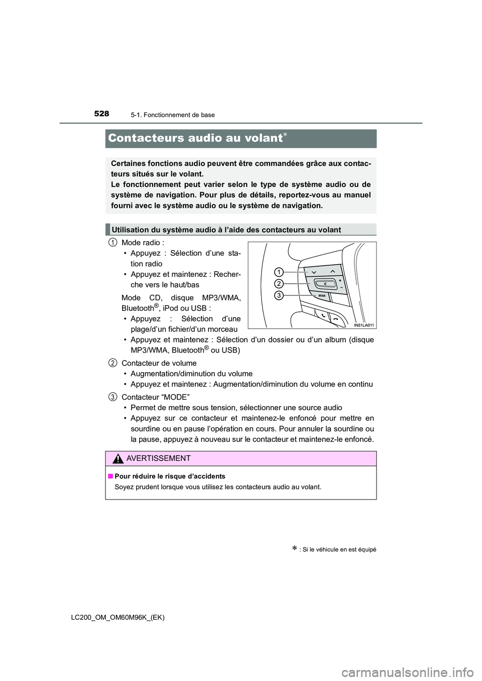 TOYOTA LAND CRUISER 2016  Manuel du propriétaire (in French) 5285-1. Fonctionnement de base
LC200_OM_OM60M96K_(EK)
Contacteurs audio au volant∗
Mode radio :• Appuyez : Sélection d’une sta-
tion radio
• Appuyez et maintenez : Recher- che vers le haut/ba