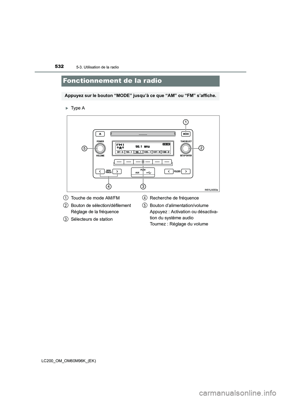 TOYOTA LAND CRUISER 2016  Manuel du propriétaire (in French) 5325-3. Utilisation de la radio
LC200_OM_OM60M96K_(EK)
Fonctionnement de la radio
�XType A
Appuyez sur le bouton “MODE” jusqu’à ce que “AM” ou “FM” s’affiche.
Touche de mode AM/FM
Bou
