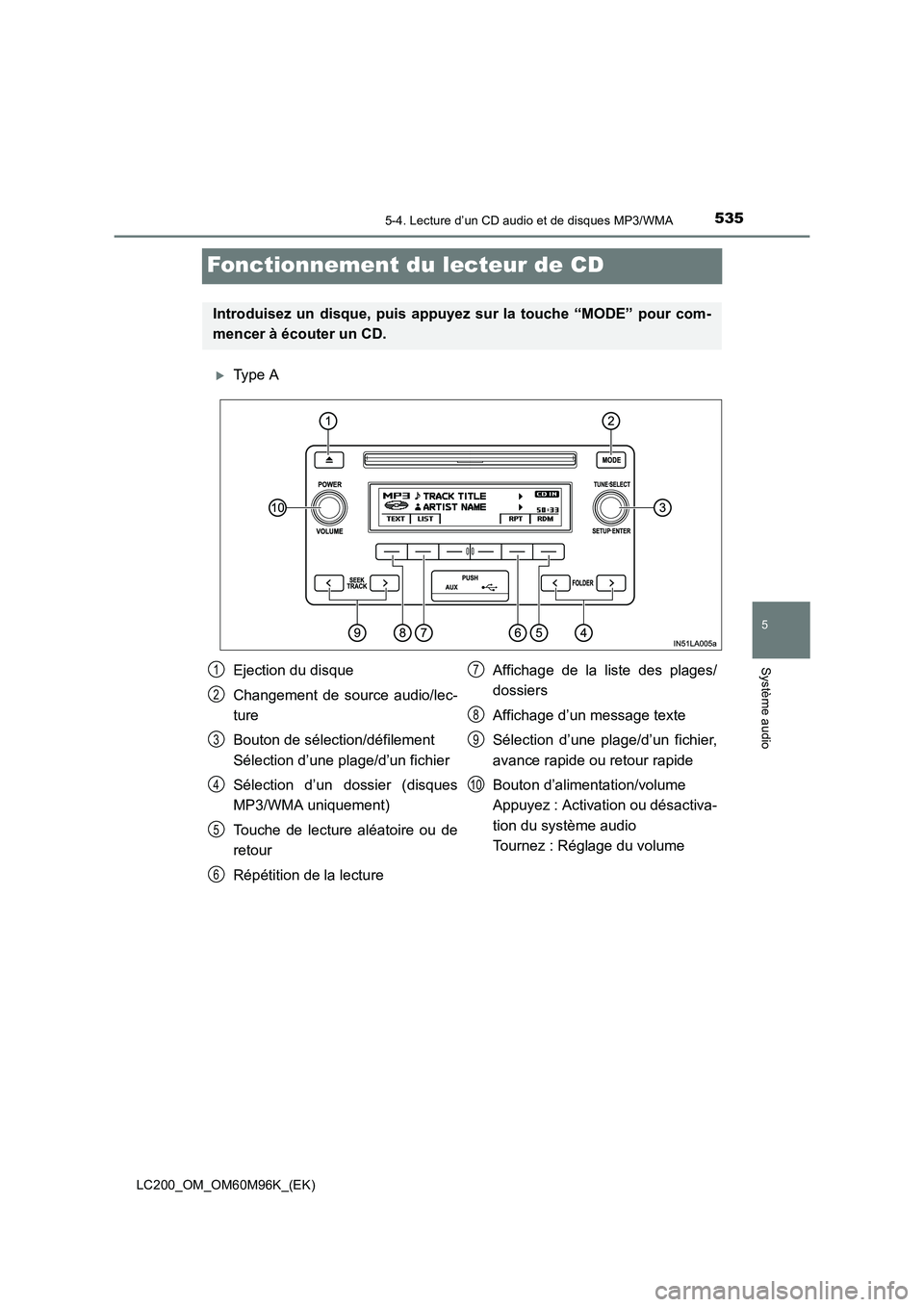 TOYOTA LAND CRUISER 2016  Manuel du propriétaire (in French) 535
5
5-4. Lecture d’un CD audio et de disques MP3/WMA
Système audio
LC200_OM_OM60M96K_(EK)
Fonctionnement du lecteur de CD
�XType A
Introduisez un disque, puis appuyez sur la touche “MODE” pou