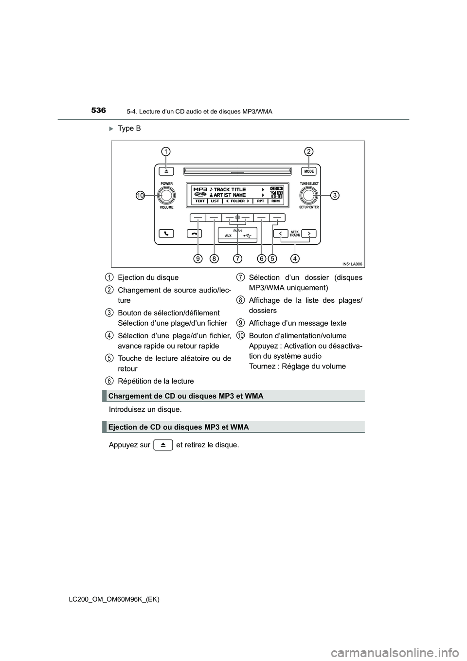 TOYOTA LAND CRUISER 2016  Manuel du propriétaire (in French) 5365-4. Lecture d’un CD audio et de disques MP3/WMA
LC200_OM_OM60M96K_(EK)
�XType B
Introduisez un disque.
Appuyez sur   et retirez le disque.
Ejection du disque
Changement de source audio/lec-
ture
